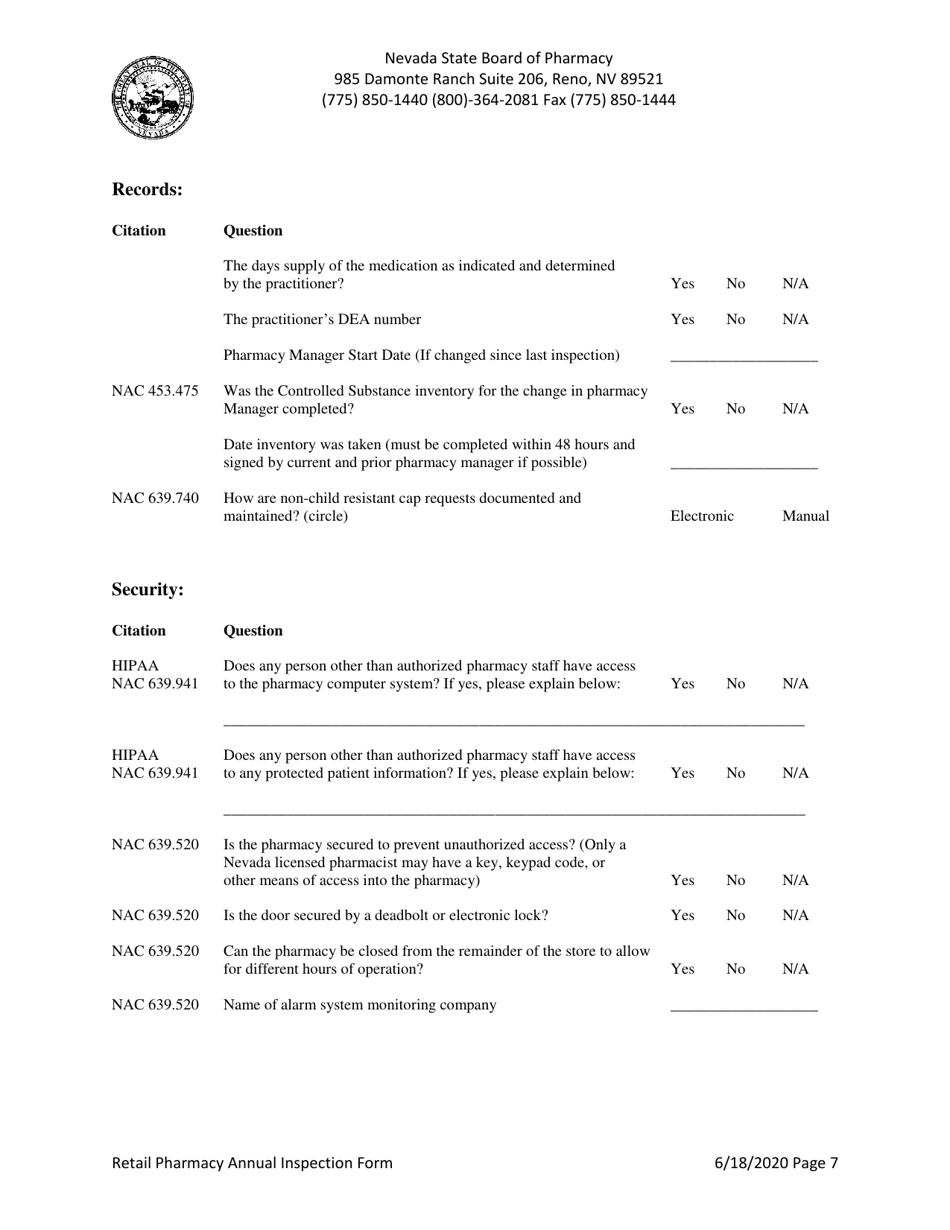 Retail Pharmacy Annual Inspection Form - Nevada, Page 7