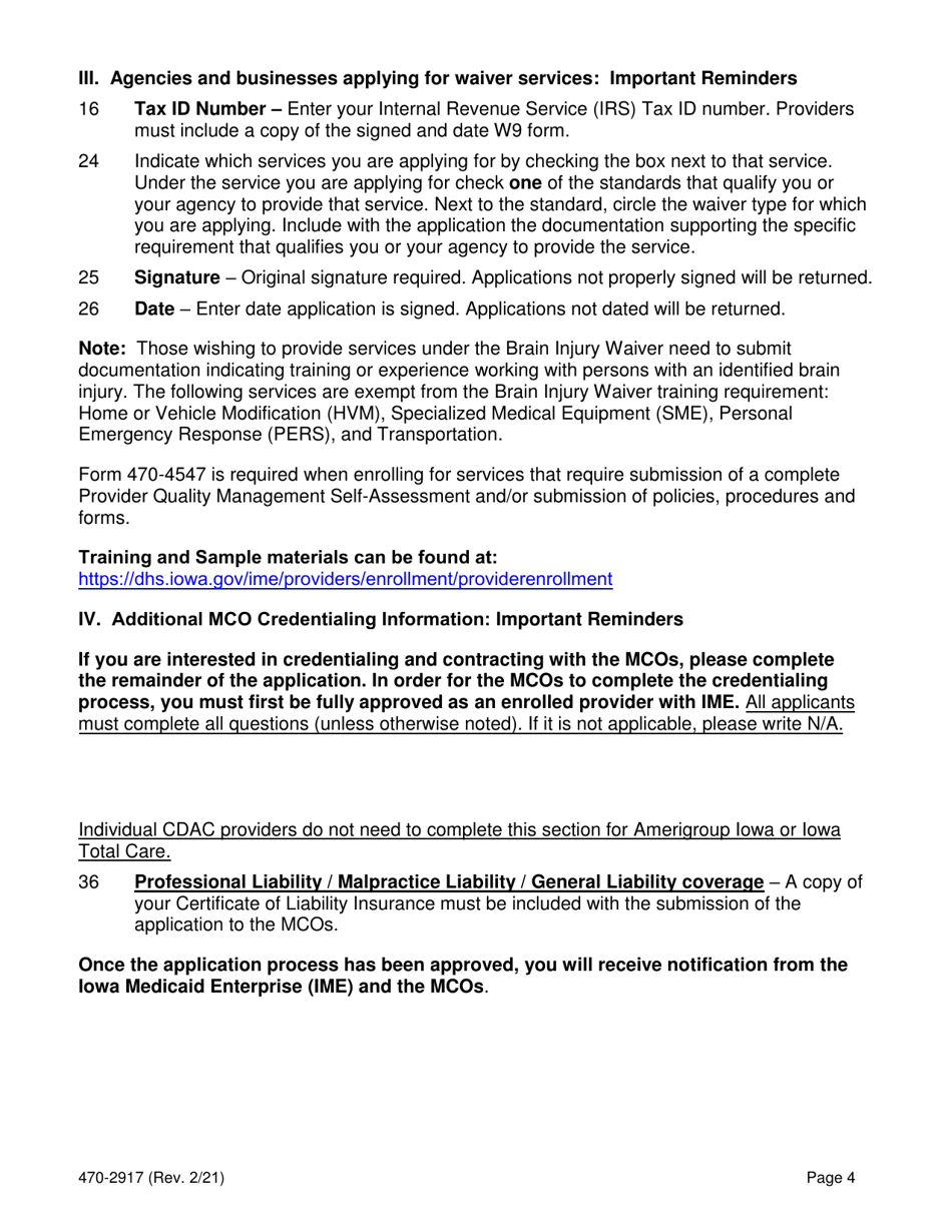 Form 470-2917 Iowa Medicaid Universal Hcbs Waiver Provider Application - Iowa, Page 4