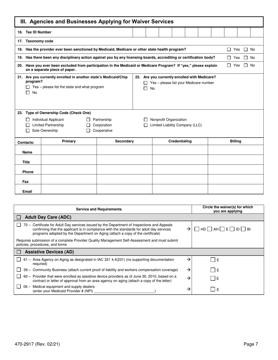 Form 470-2917 Iowa Medicaid Universal Hcbs Waiver Provider Application - Iowa, Page 7