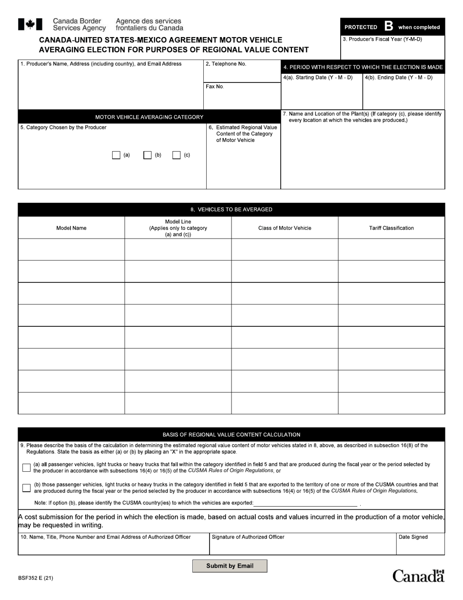 Form BSF352 Canada - United States - Mexico Agreement Motor Vehicle Averaging Election for Purposes of Regional Value Content - Canada, Page 3