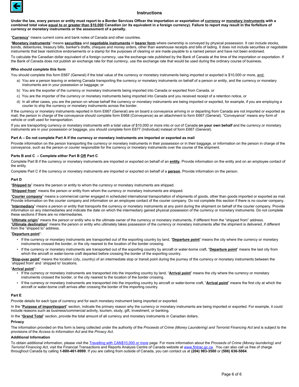 Form E667 Cross-border Currency or Monetary Instruments Report - General - Canada, Page 6