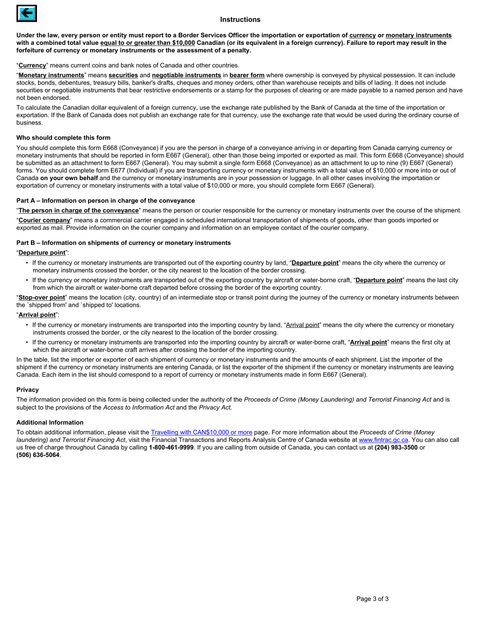 Form E668 Cross-border Currency or Monetary Instruments Report Made by Person in Charge of Conveyance - Canada, Page 3