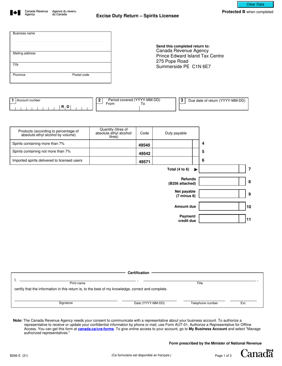 Form B266 Excise Duty Return - Spirits Licensee - Canada, Page 1