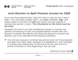 Document preview: Form T1032 Joint Election to Split Pension Income - Large Print - Canada, 2020