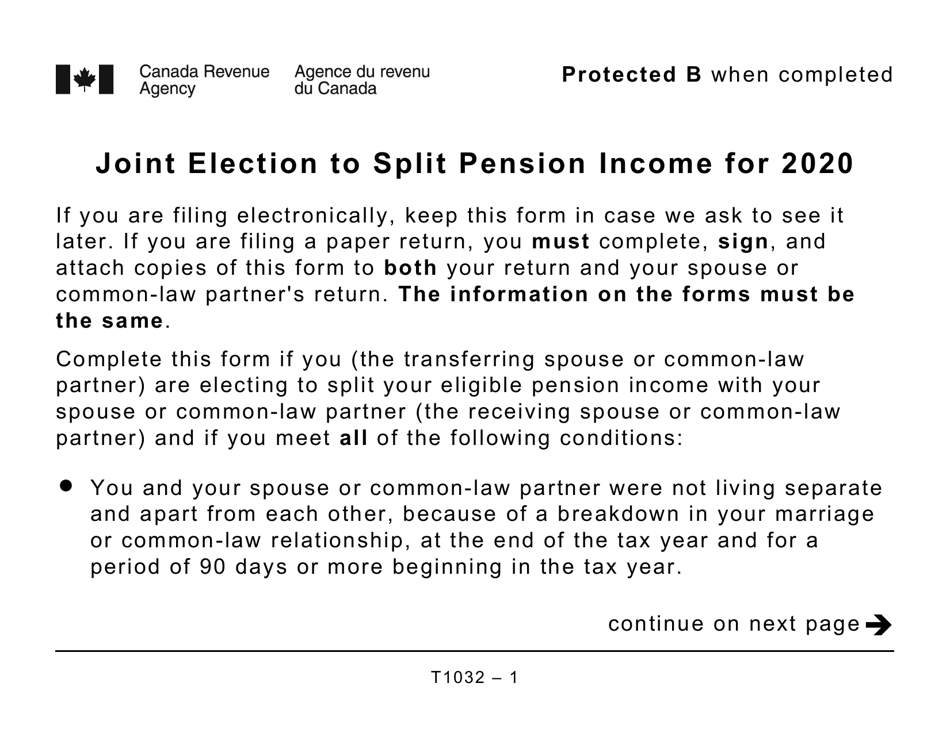 Form T1032 Joint Election to Split Pension Income - Large Print - Canada, Page 1