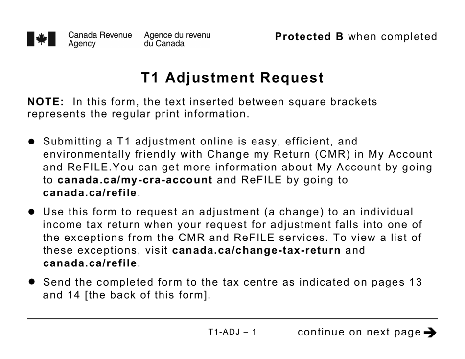 Form T1-ADJ T1 Adjustment Request - Large Print - Canada, Page 1