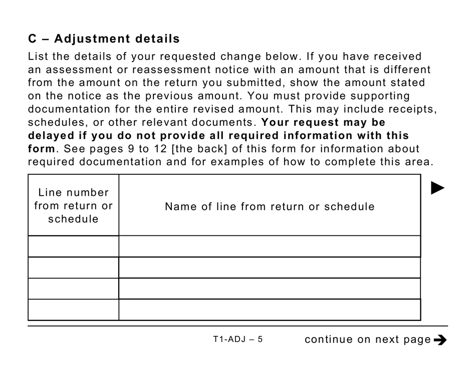 Form T1-ADJ T1 Adjustment Request - Large Print - Canada, Page 5
