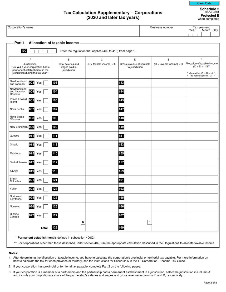 Form T2 Schedule 5 Tax Calculation Supplementary - Corporations (2020 and Later Tax Years) - Canada, Page 2