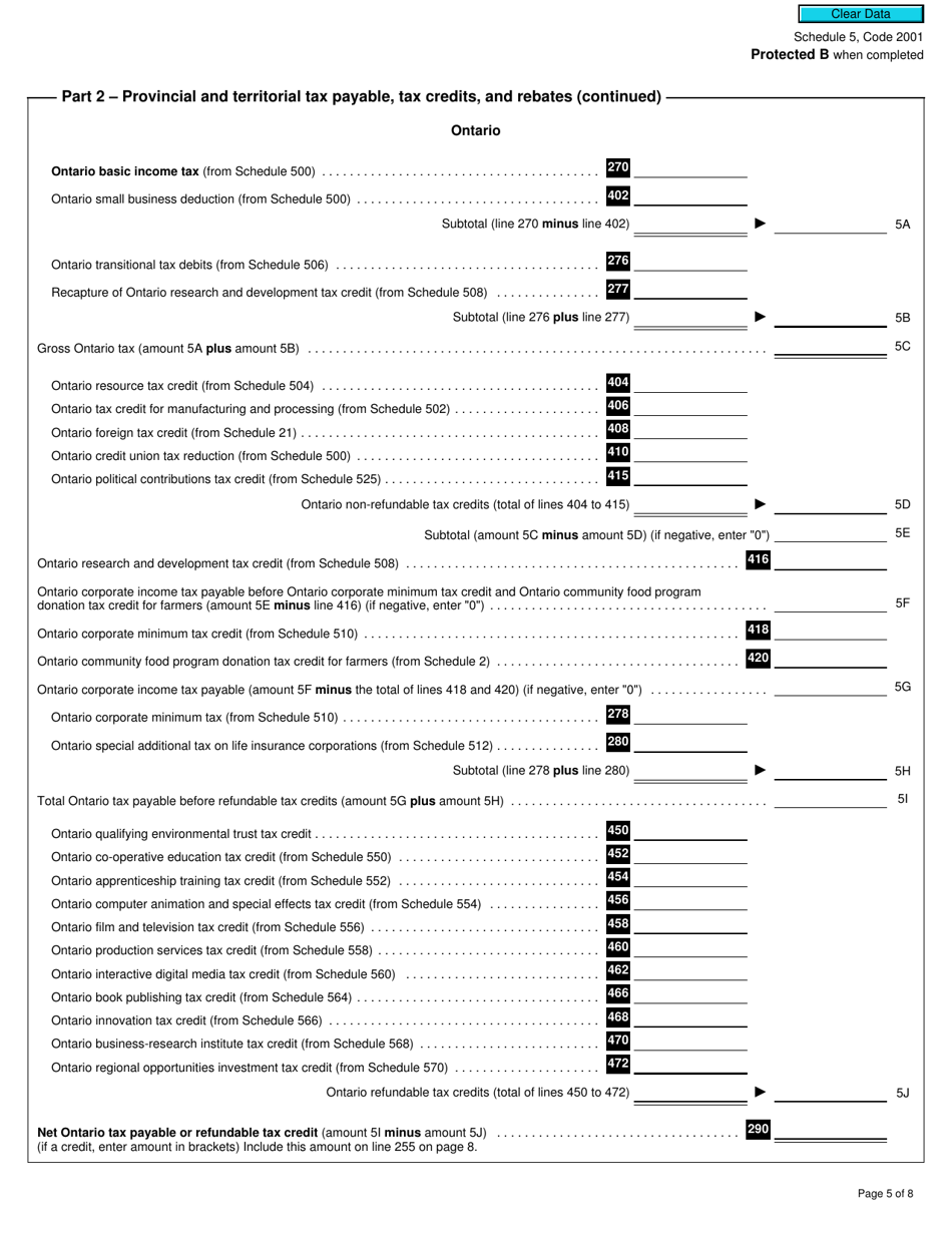 Form T2 Schedule 5 Tax Calculation Supplementary - Corporations (2020 and Later Tax Years) - Canada, Page 5