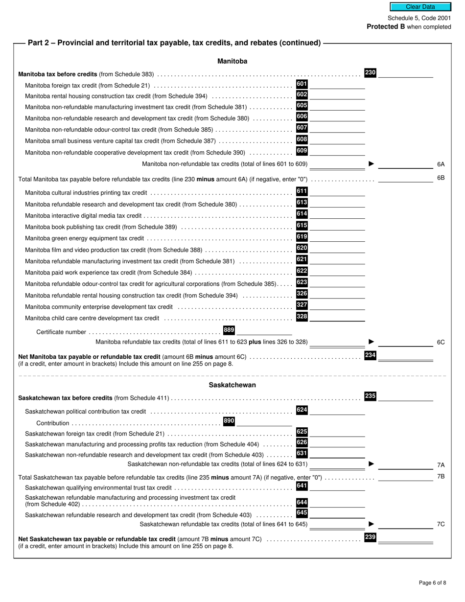 Form T2 Schedule 5 Tax Calculation Supplementary - Corporations (2020 and Later Tax Years) - Canada, Page 6