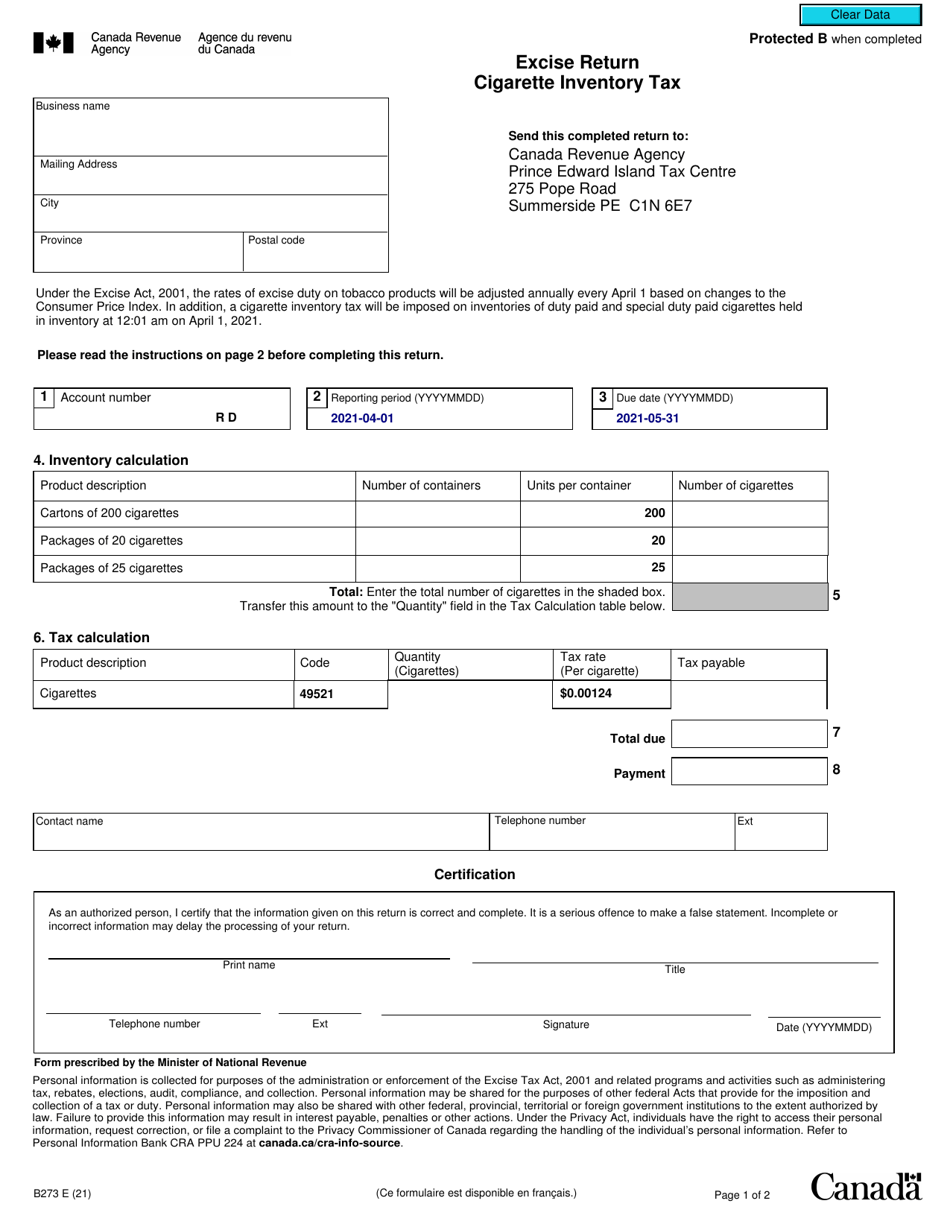 Form B273 Excise Return - Cigarette Inventory Tax - Canada, Page 1