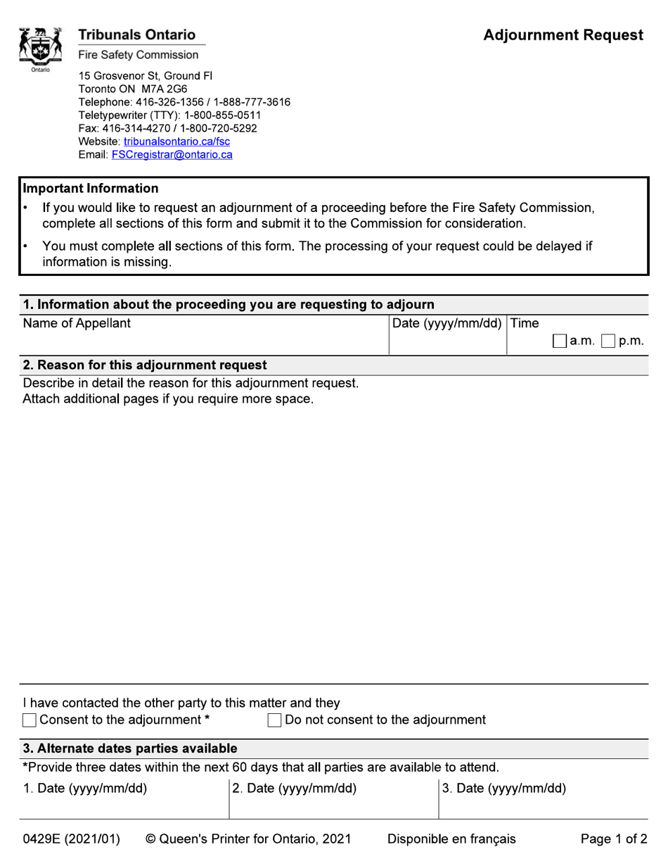 Form 0429E Adjournment Request - Ontario, Canada, Page 1