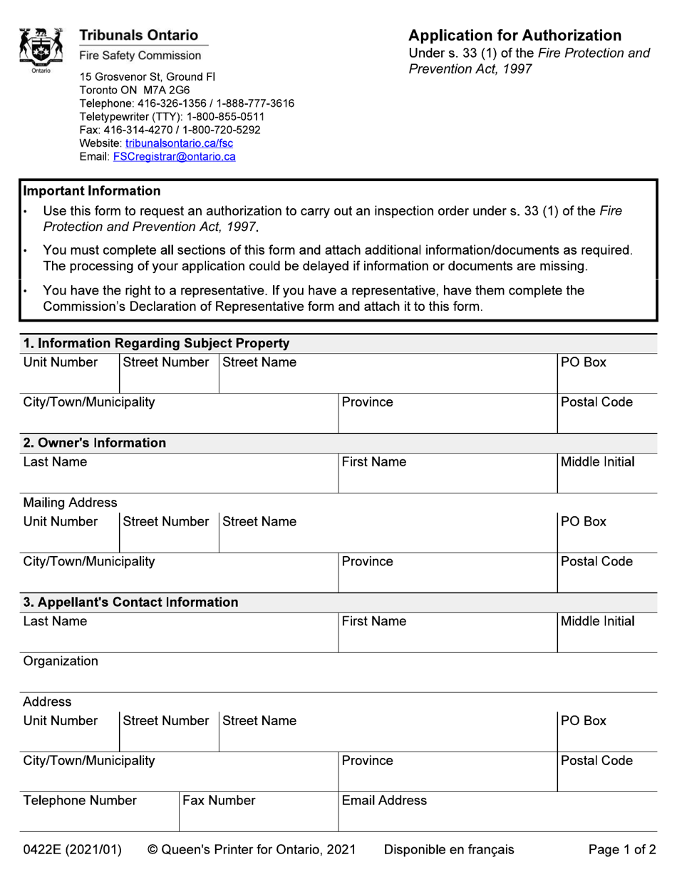 Form 0422E Application for Authorization - Ontario, Canada, Page 1