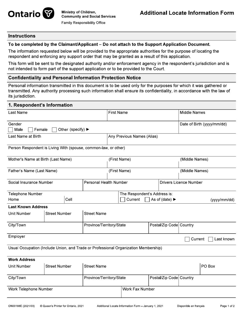 Form ON00188E Additional Locate Information Form - Ontario, Canada, Page 1