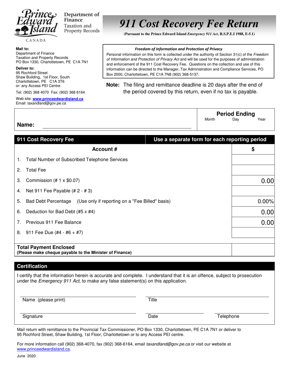 Prince Edward Island Canada 911 Cost Recovery Fee Return Download Fillable PDF 2017 — 2024