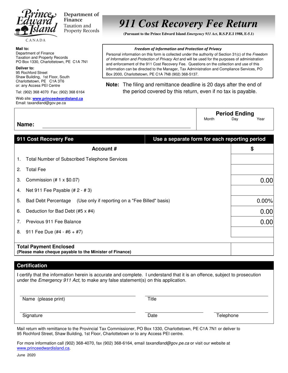 911 Cost Recovery Fee Return - Prince Edward Island, Canada, Page 1