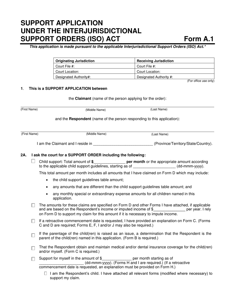 Form A.1 Support Application Under the Interjurisdictional Support Orders (Iso) Act - Prince Edward Island, Canada, Page 1