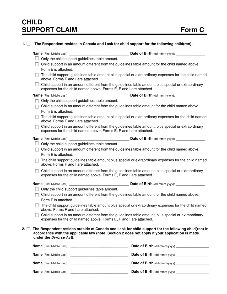 Form C Child Support Claim - Prince Edward Island, Canada, Page 1