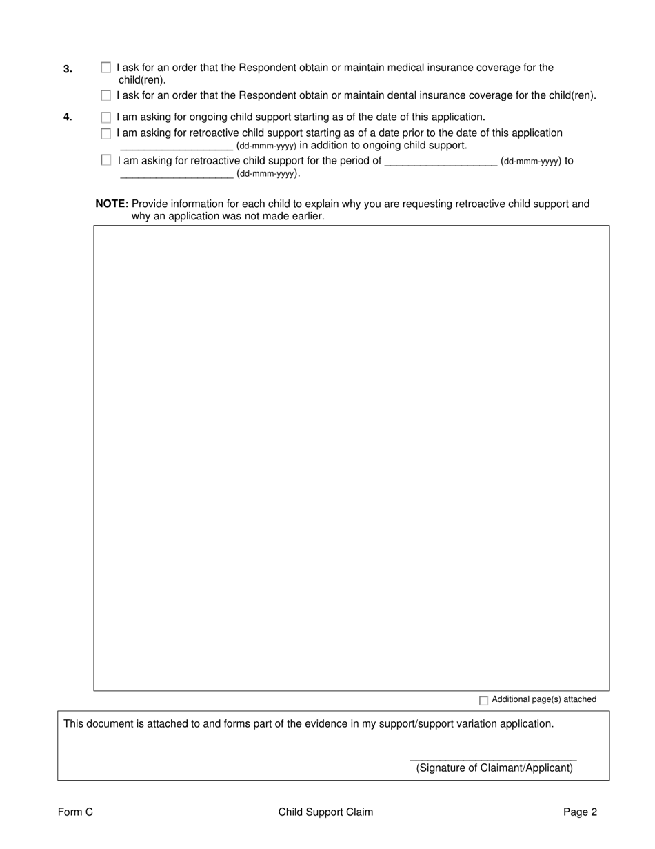 Form C Child Support Claim - Prince Edward Island, Canada, Page 2
