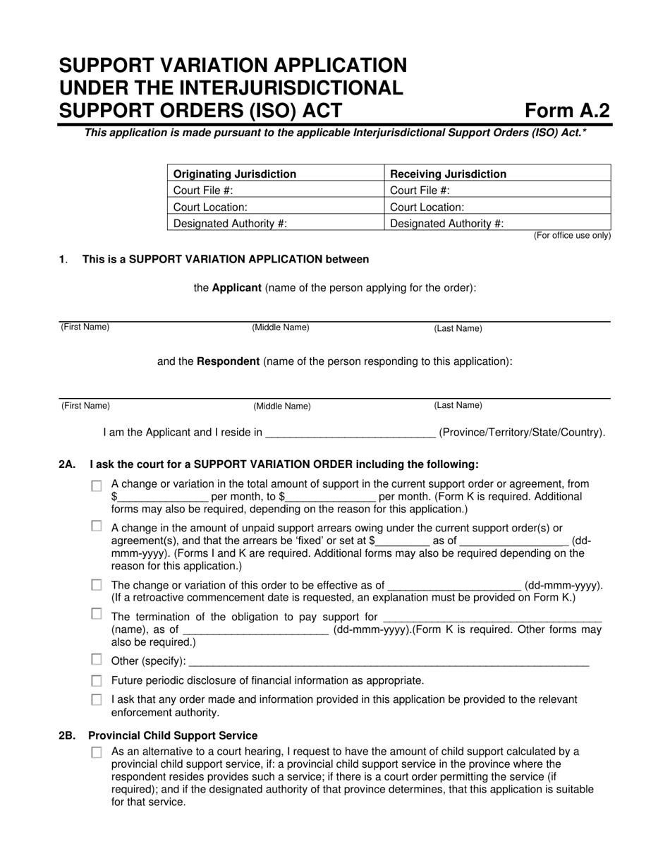 Form A.2 Support Variation Application Under the Interjurisdictional Support Orders (Iso) Act - Prince Edward Island, Canada, Page 1