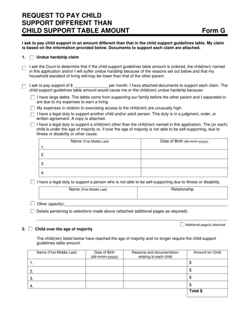Form G Request to Pay Child Support Different Than Child Support Table Amount - Prince Edward Island, Canada