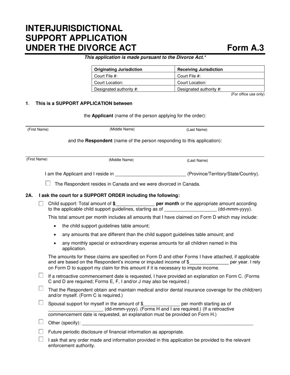 Form A.3 Interjurisdictional Support Application Under the Divorce Act - Prince Edward Island, Canada, Page 1