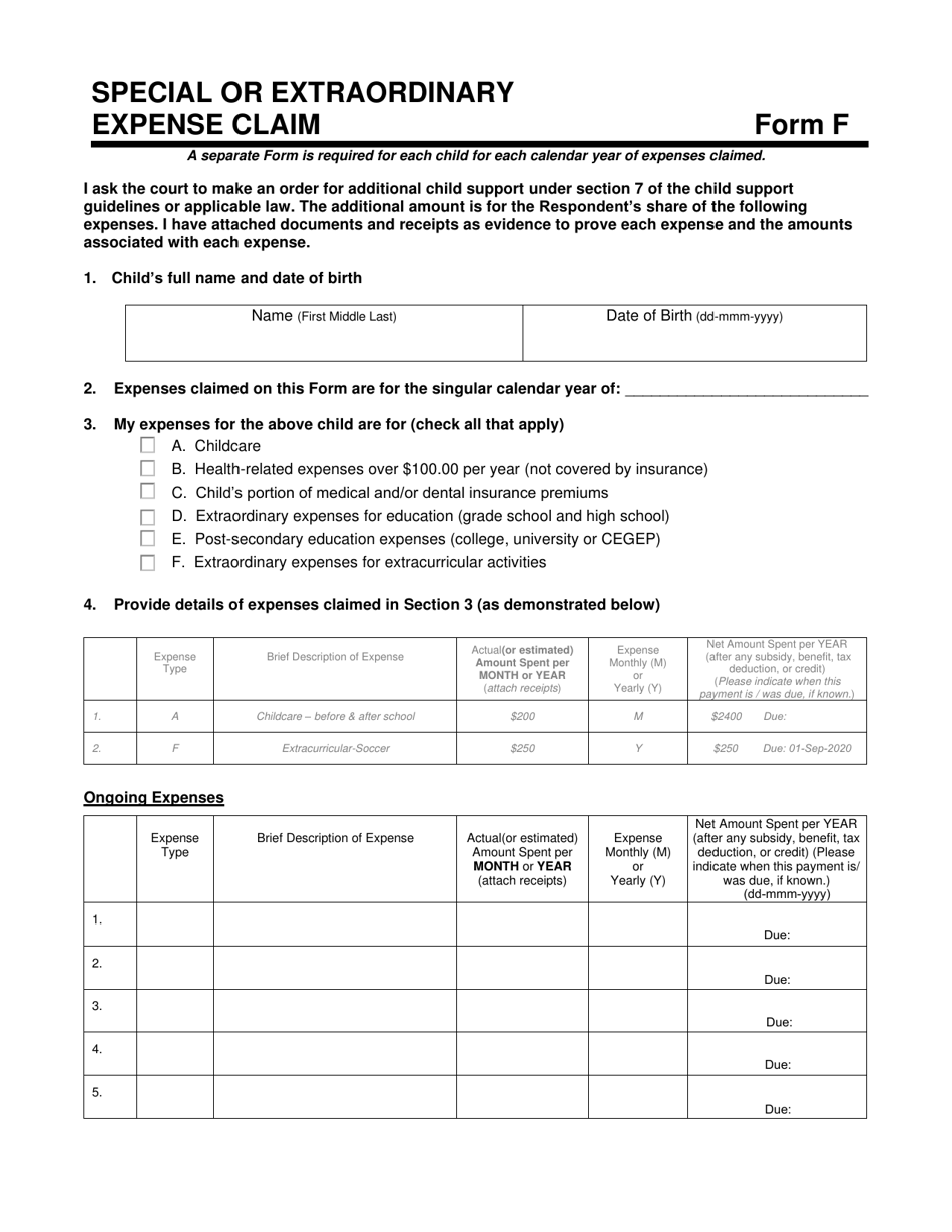 Form F Special or Extraordinary Expense Claim - Prince Edward Island, Canada, Page 1