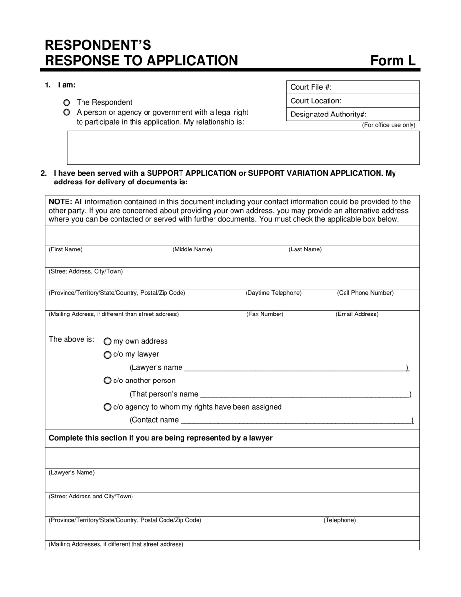 Form L Respondents Response to Application - Prince Edward Island, Canada, Page 1