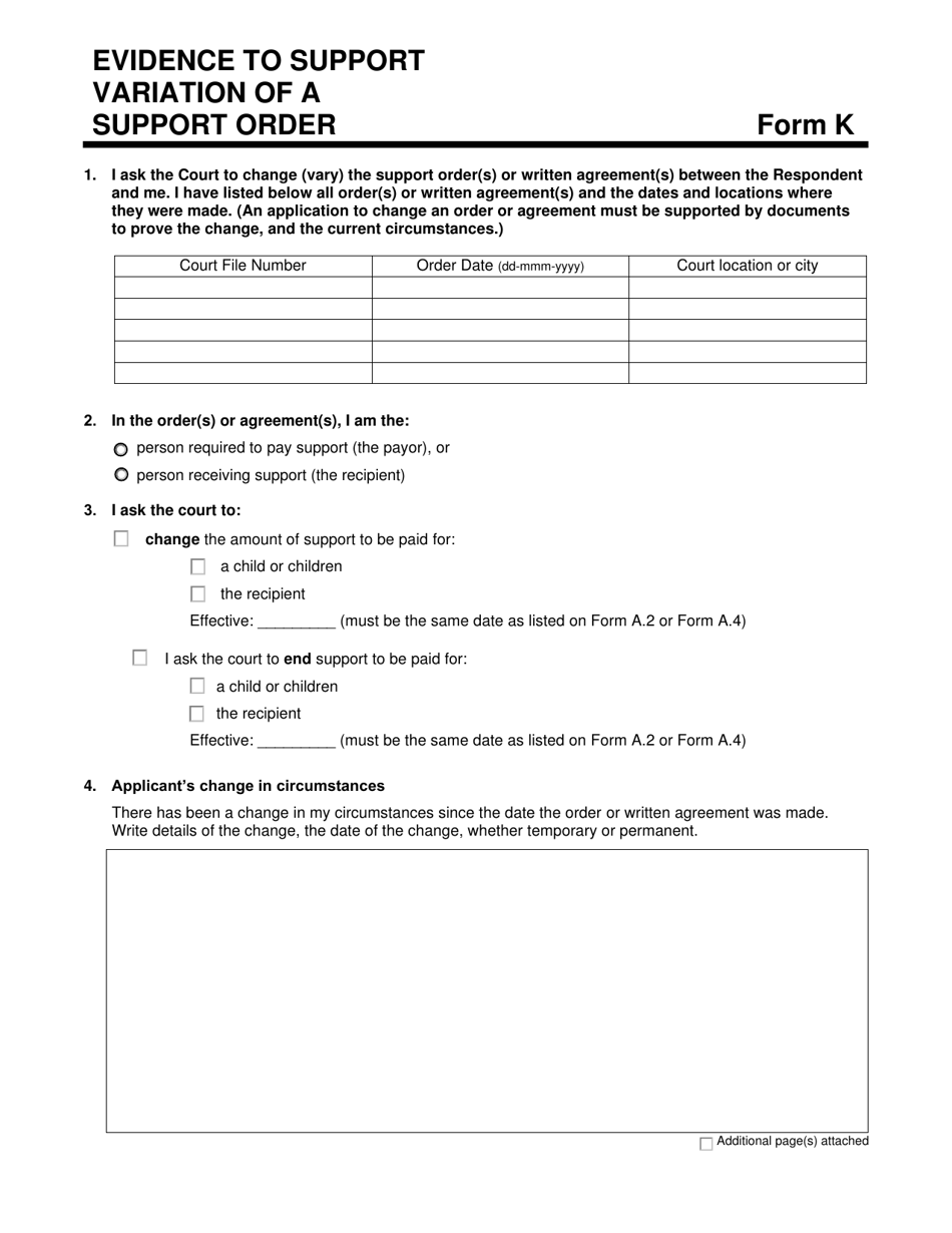 Form K Evidence to Support Variation of a Support Order - Prince Edward Island, Canada, Page 1