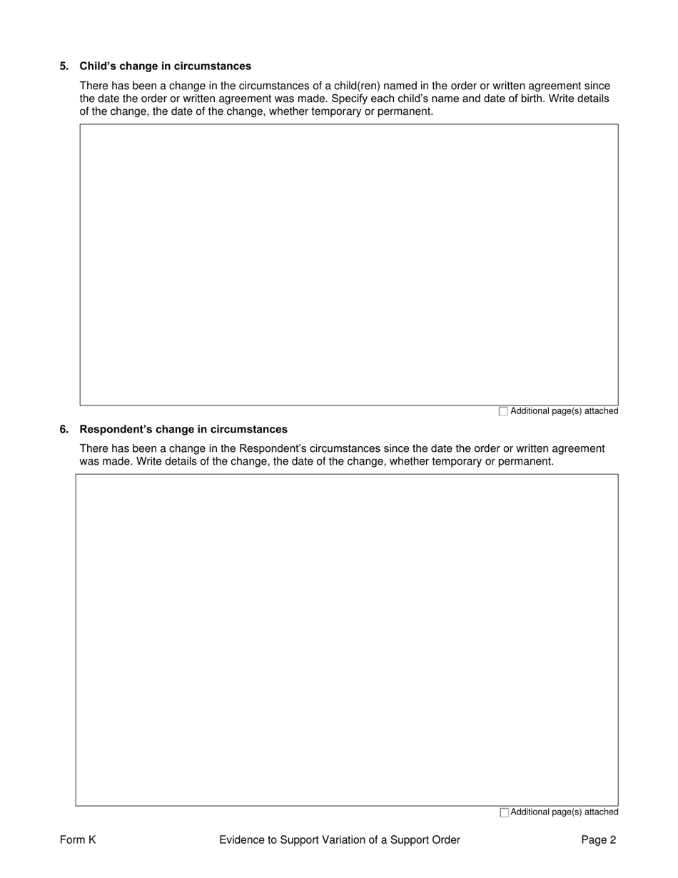 Form K Evidence to Support Variation of a Support Order - Prince Edward Island, Canada, Page 2