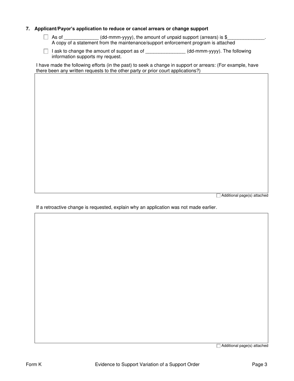 Form K Evidence to Support Variation of a Support Order - Prince Edward Island, Canada, Page 3