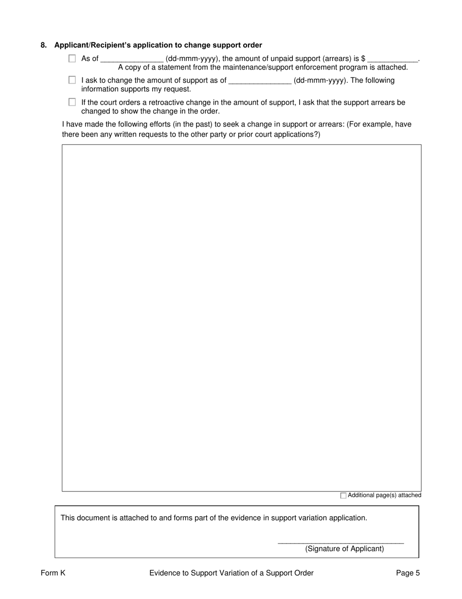 Form K Evidence to Support Variation of a Support Order - Prince Edward Island, Canada, Page 5