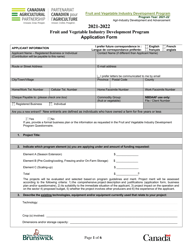 Document preview: Fruit and Vegetable Industry Development Program Application Form - New Brunswick, Canada