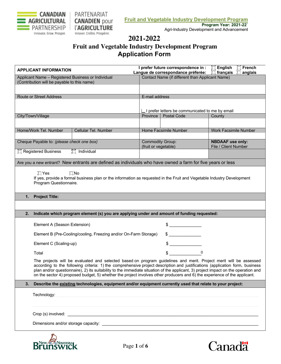 Fruit and Vegetable Industry Development Program Application Form - New Brunswick, Canada, Page 1