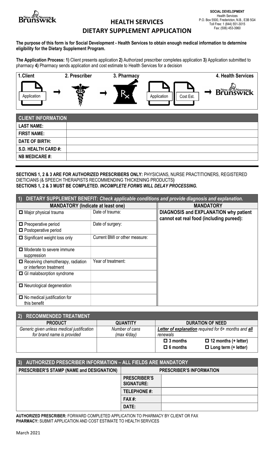 Health Services Dietary Supplement Application - New Brunswick, Canada, Page 1
