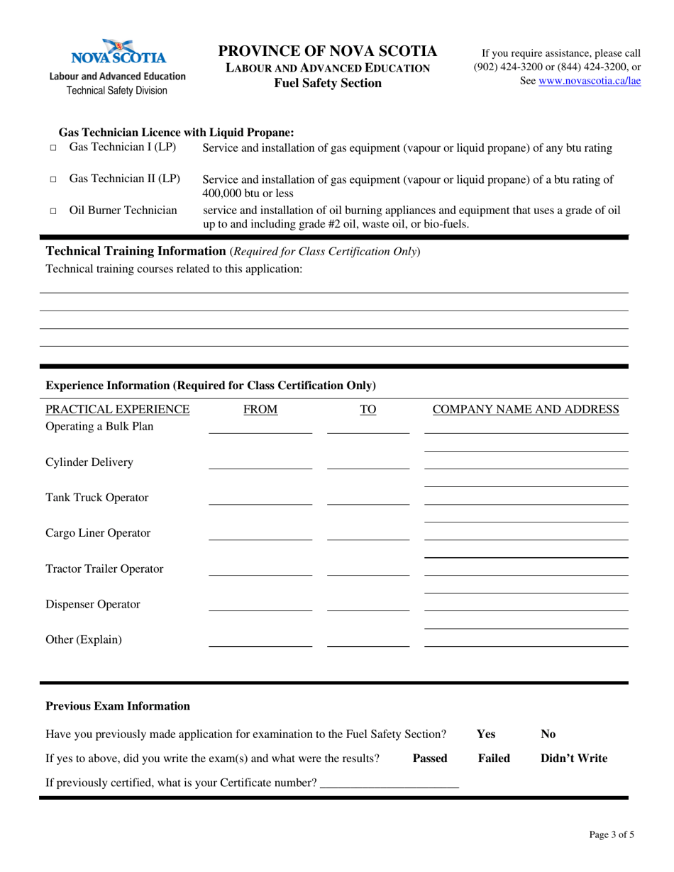 Fuel Safety Initial Application Form - Nova Scotia, Canada, Page 3