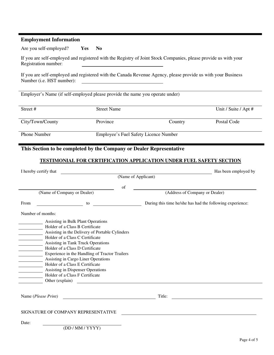 Fuel Safety Initial Application Form - Nova Scotia, Canada, Page 4