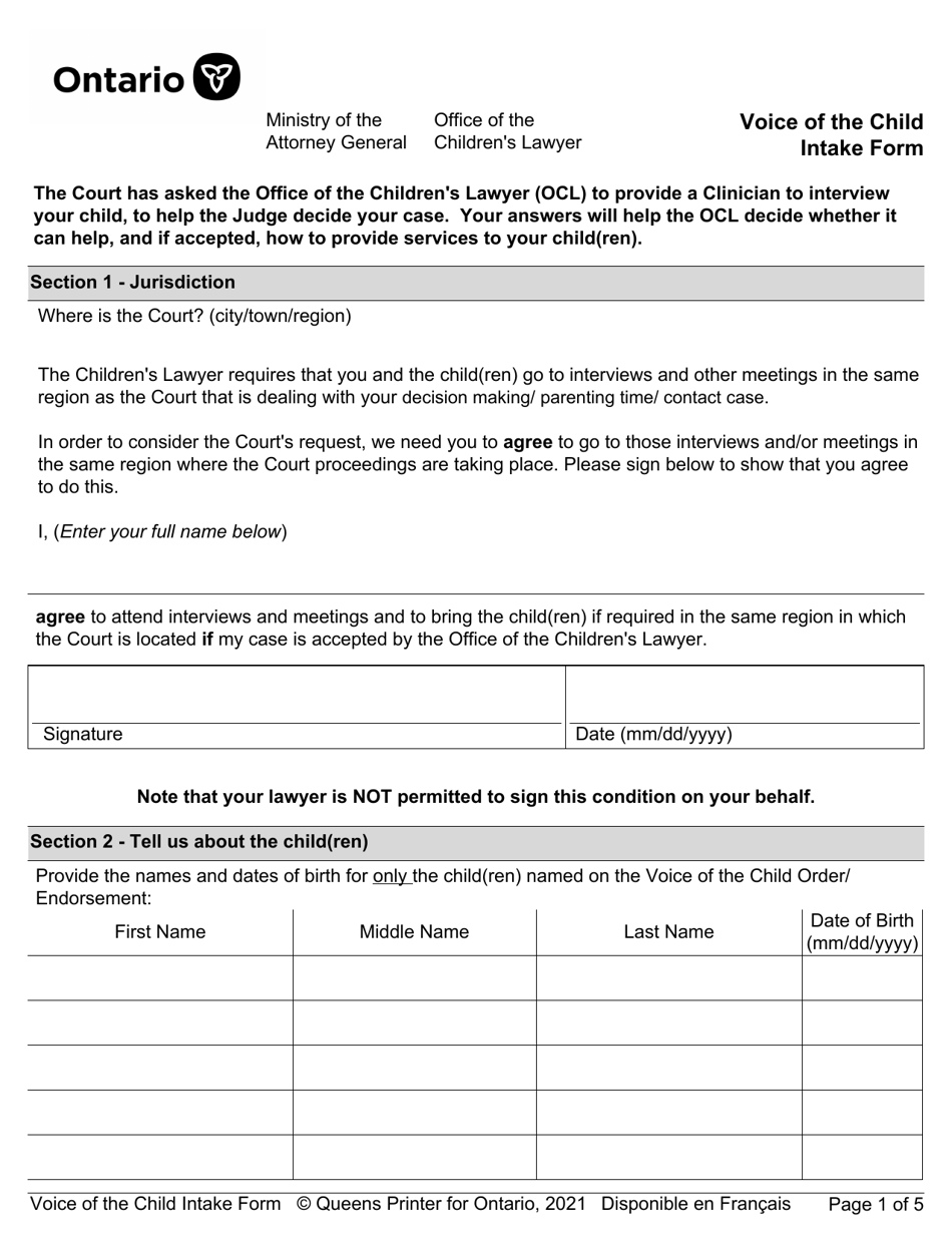 Voice of the Child Intake Form - Ontario, Canada, Page 1