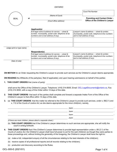 Form OCL-005 Parenting and Contact Order - Office of the Children's Lawyer - Ontario, Canada