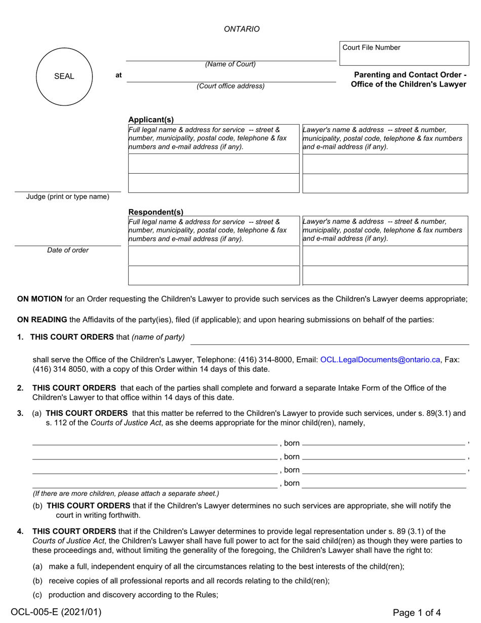 Form OCL-005 Parenting and Contact Order - Office of the Childrens Lawyer - Ontario, Canada, Page 1