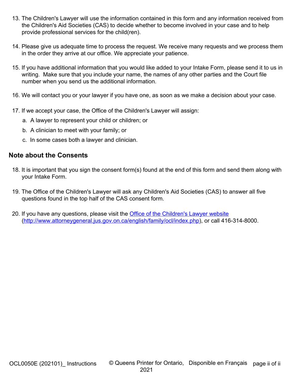 Form OCL0050E Intake Form - Ontario, Canada, Page 2