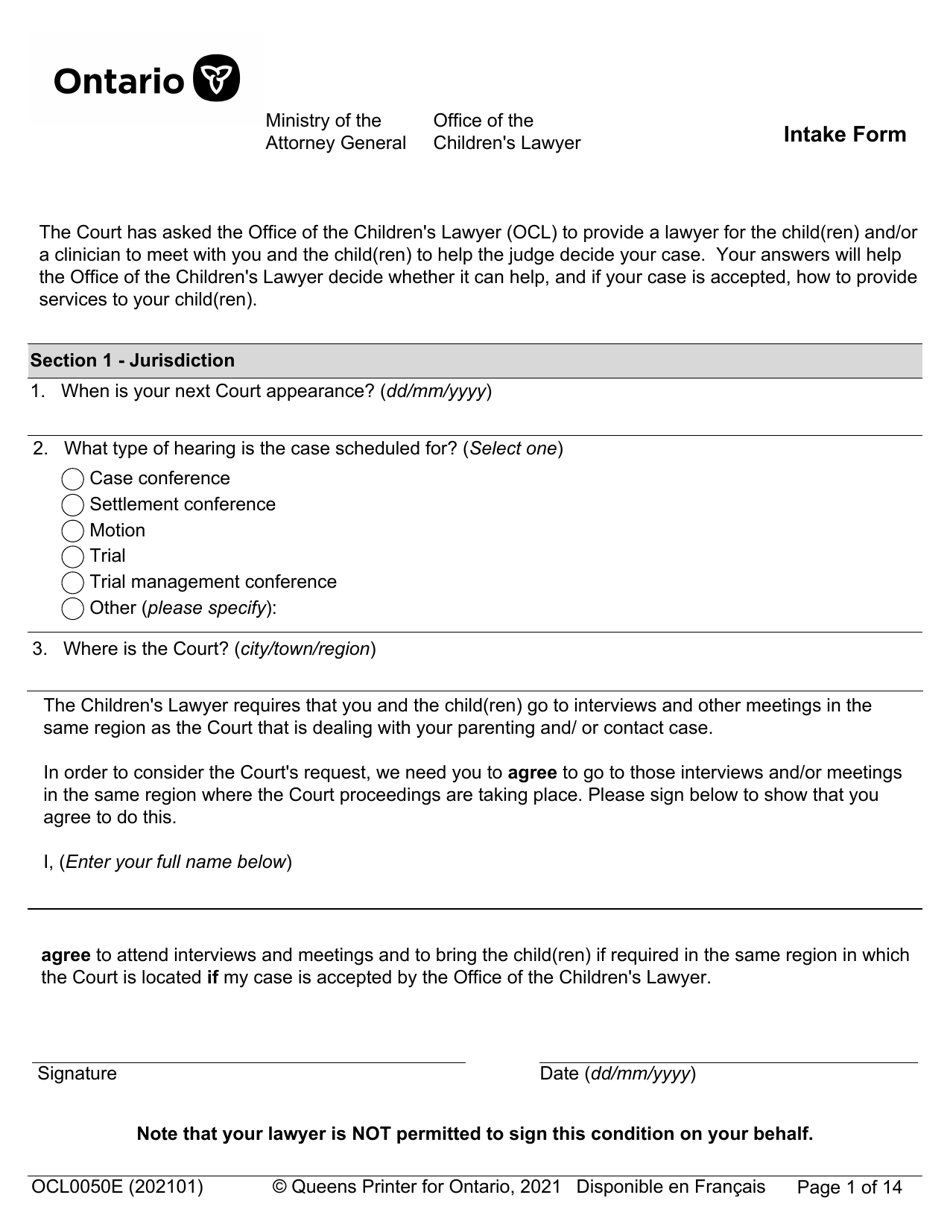 Form OCL0050E Intake Form - Ontario, Canada, Page 3
