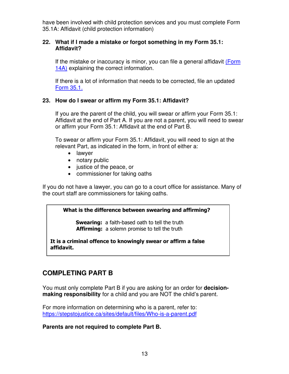 Instructions for Form 35.1 Affidavit in Support of Claim for Custody or Access - Ontario, Canada, Page 14