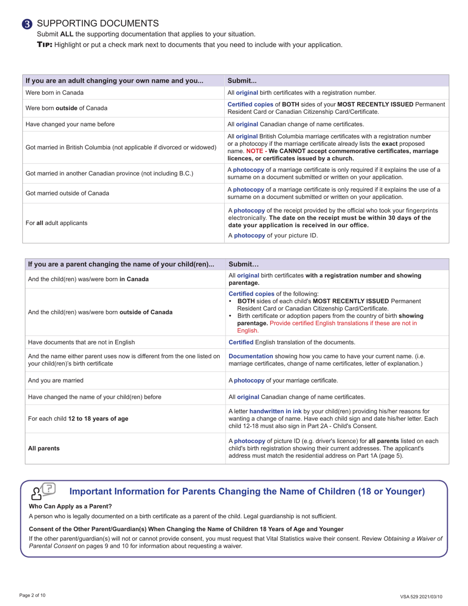 Form VSA529 Application for Change of Name - British Columbia, Canada, Page 2