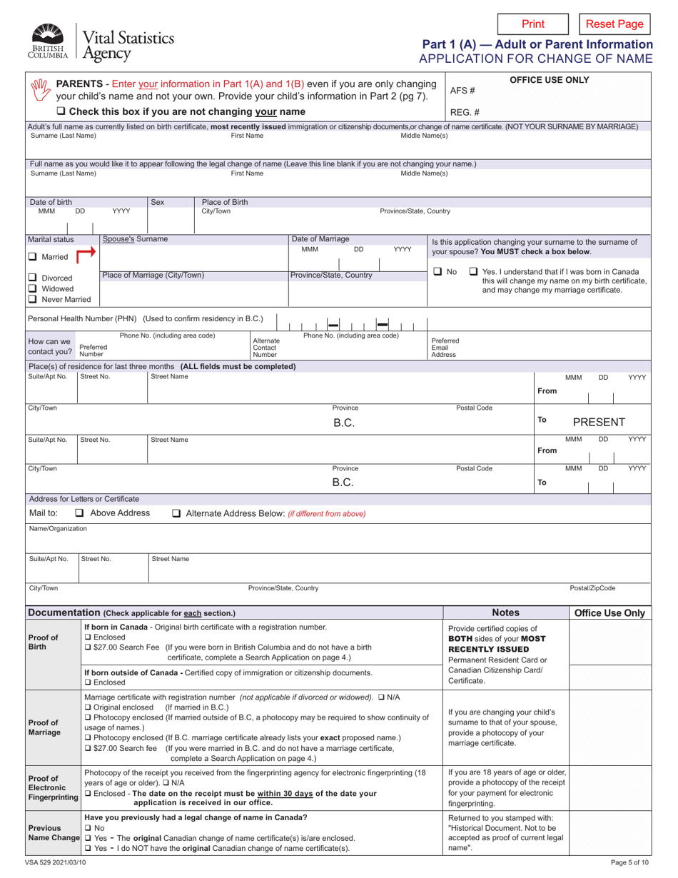 Form VSA529 Application for Change of Name - British Columbia, Canada, Page 5