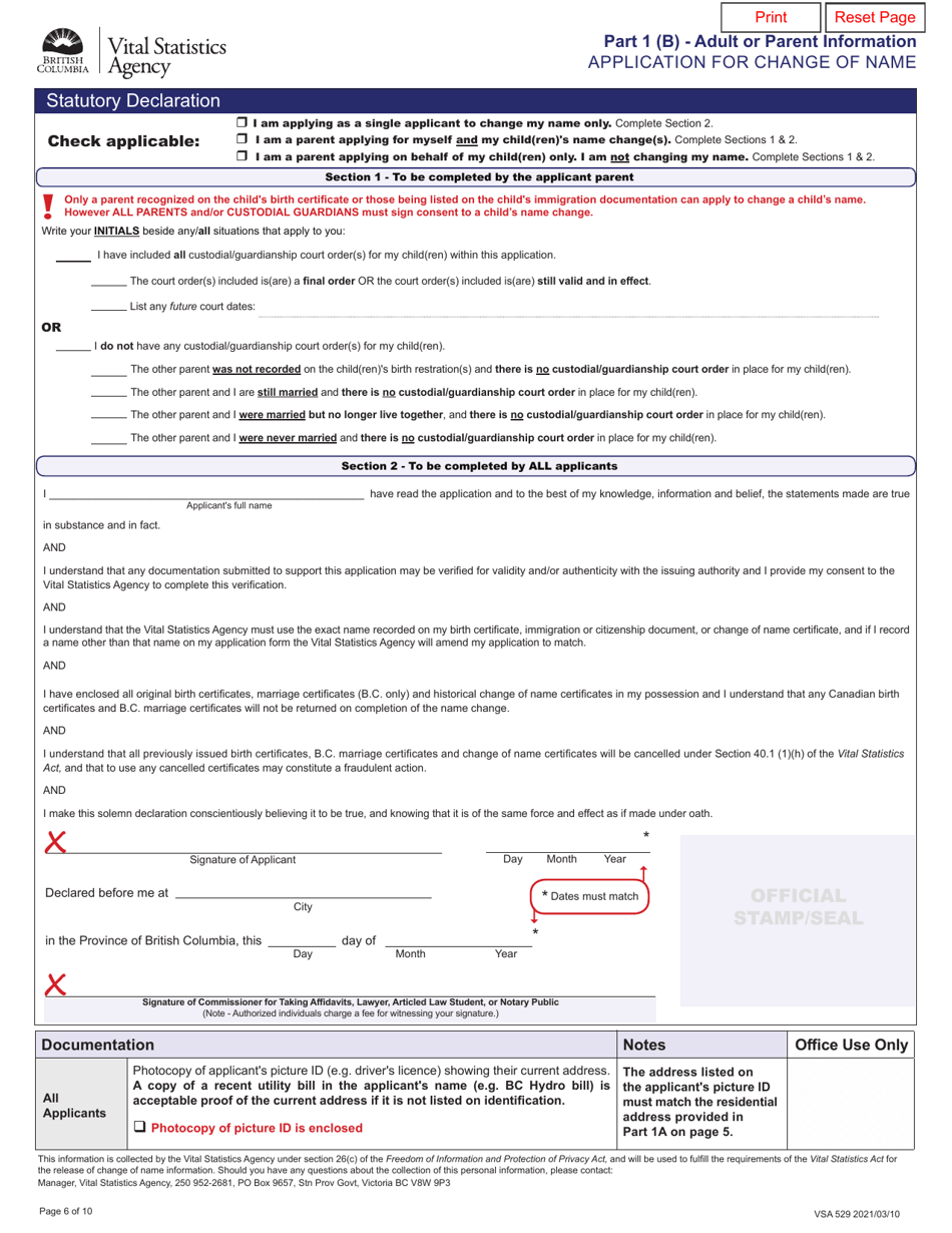 Form VSA529 Application for Change of Name - British Columbia, Canada, Page 6
