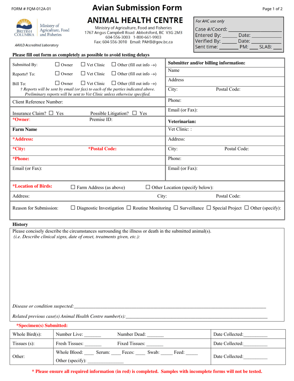 Form FQM-012A-01 Avian Submission Form - British Columbia, Canada, Page 1