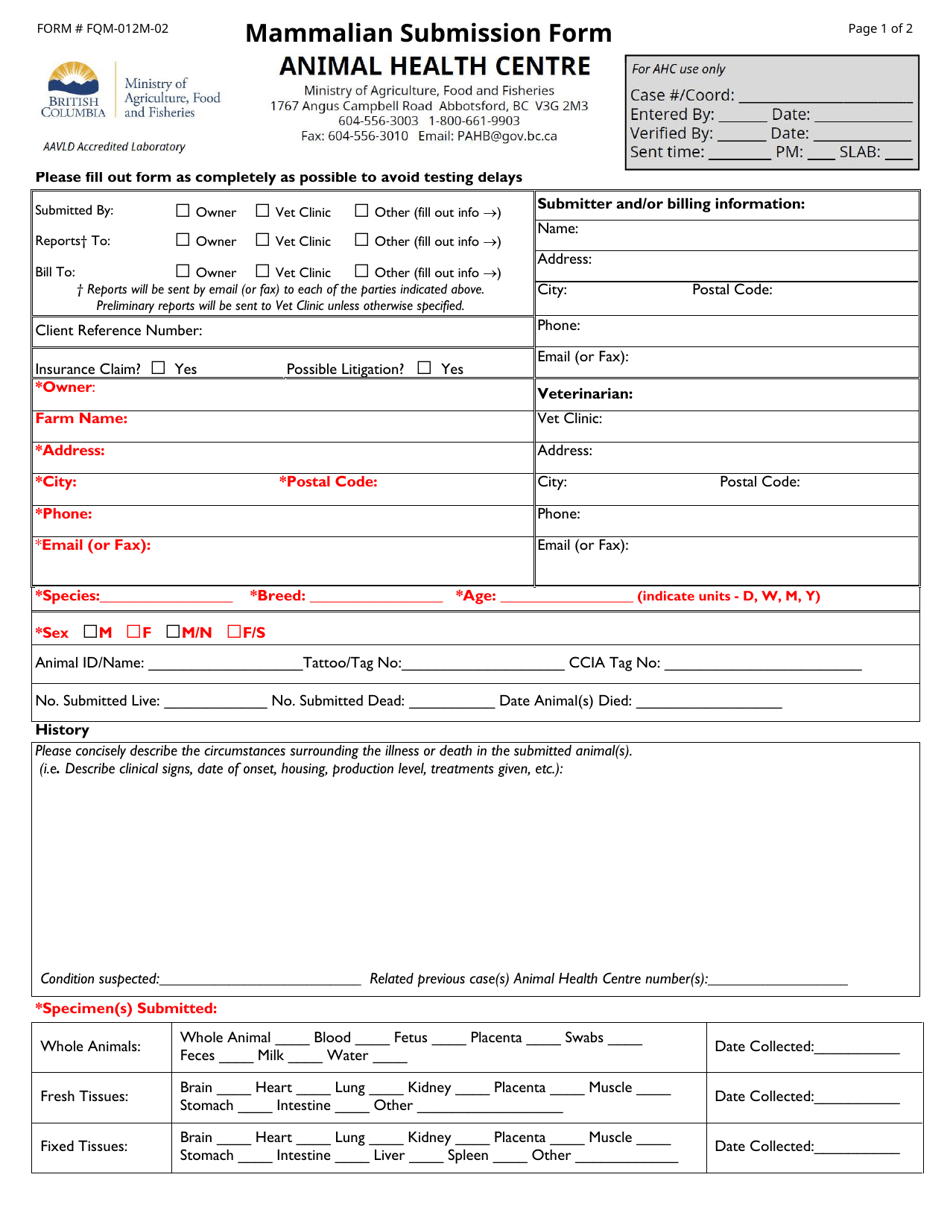 Form FQM-012M-02 Mammalian Submission Form - British Columbia, Canada, Page 1