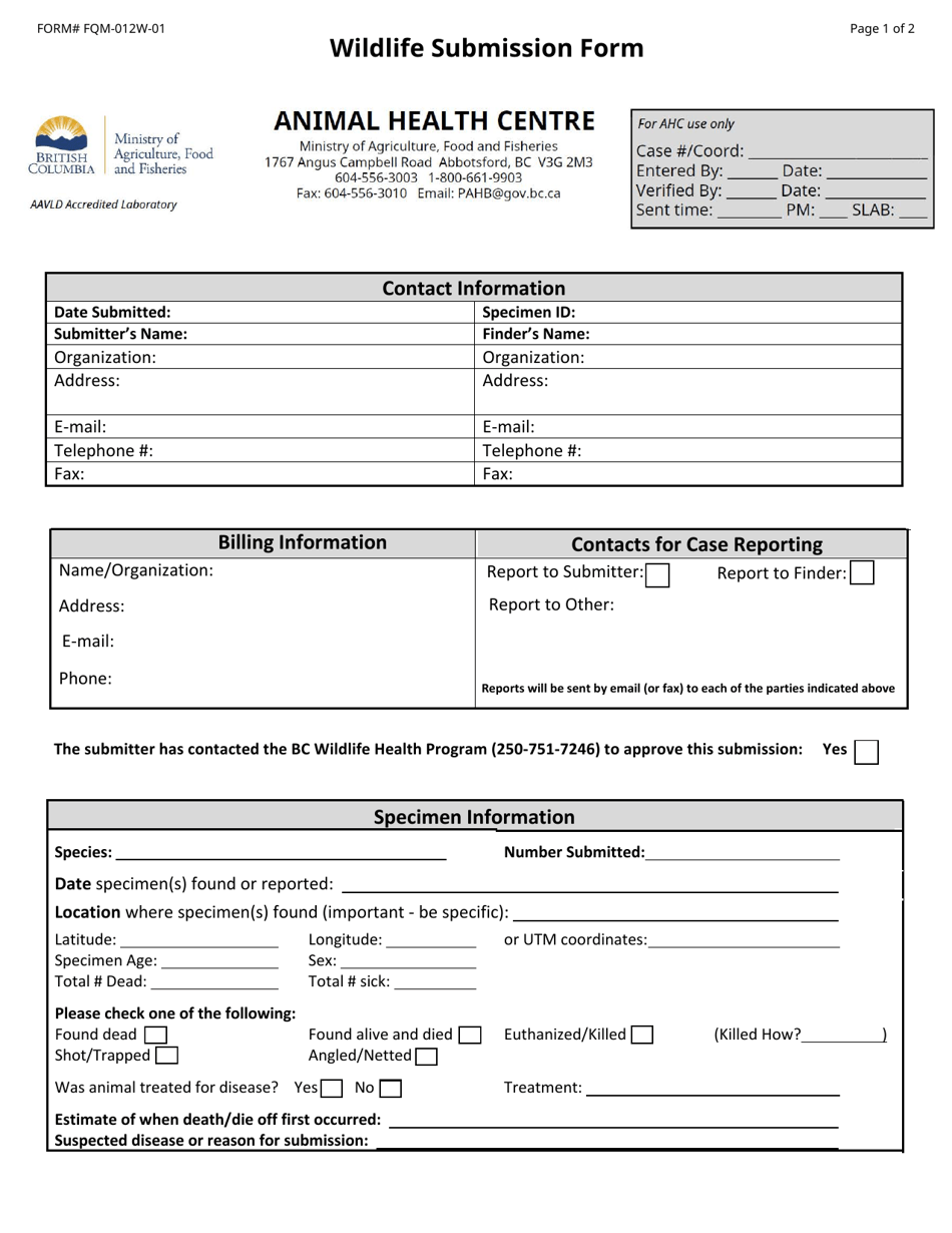 Form FQM-012W-01 Wildlife Submission Form - British Columbia, Canada, Page 1