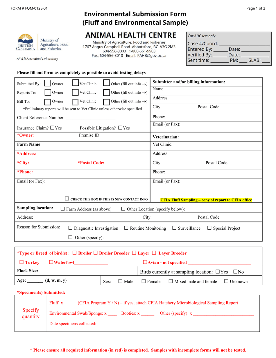 Form FQM-012E-01 Environmental Submission Form (Fluff and Environmental Sample) - British Columbia, Canada, Page 1